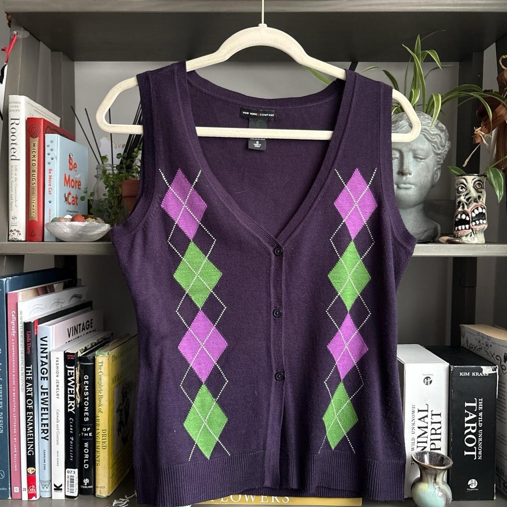 New York & Company Purple and Green Argyle Knit Vest